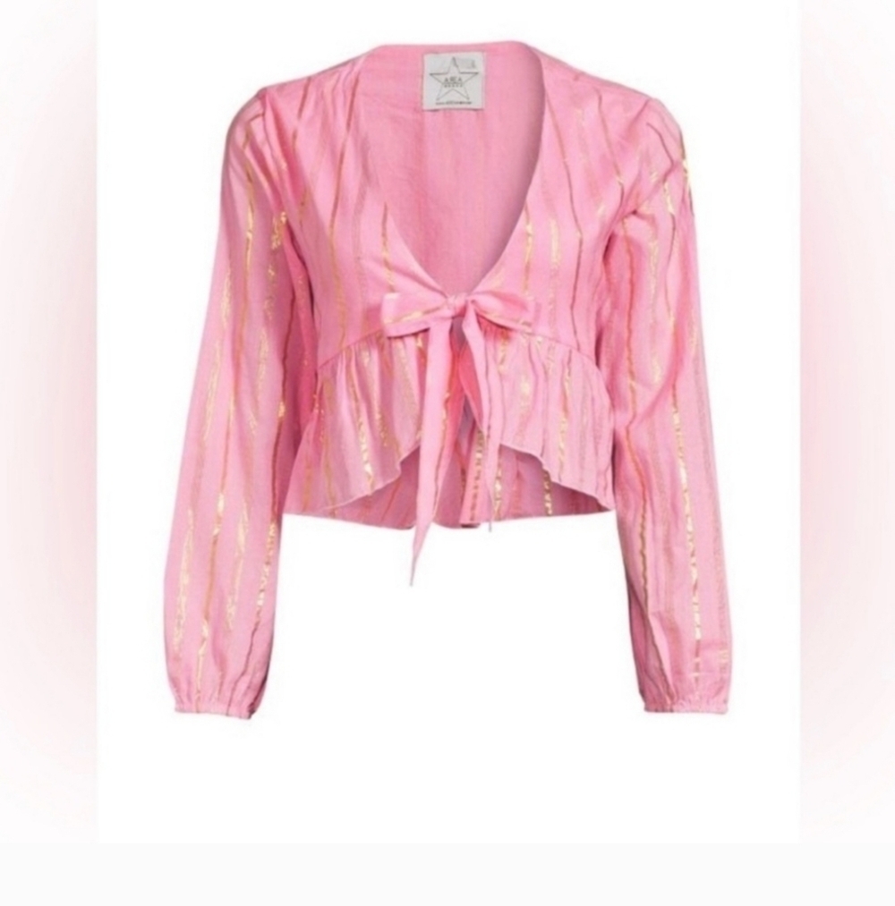 AREA STARS St. Tropez Long sleeve tie front Crop Top In Pink/gold. Size Small